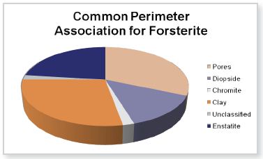 Bulk mineral phase mass percentage and common perimeter associations for forsterite. Data obtained by INCAMineral, processed with GrainAlyzer