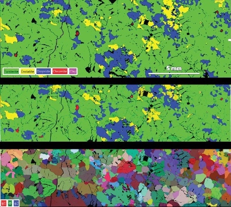 Top to bottom, AutoPhaseMap, EBSD Phase and EBSD grain orientation images of a single mantle peridotite sample.