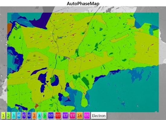 AutoPhaseMap calculation for the sample converts X-ray mapping data summarised in (a) the Layered Image into (b) an AutoPhaseMap dataset where each pixel is designated as a phase.