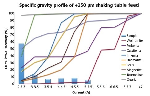 Specific gravity profile of target phases showing key gangue and overall particle specific gravity distribution within the > 250 µm feed sample.