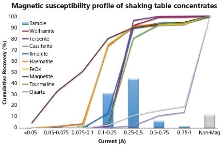 Magnetic susceptibility profile of combined concentrate fractions from shaking table tests.