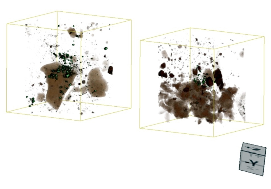 The two gold-bearing areas of interest imaged with a 4 μm voxel resolution and the 4x objective. These two scans were conducted with a 4 μm voxel size. They took approximately 7 and 6 hours to scan, respectively.