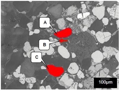LV-SEM image showing the image used for x-ray mapping and the areas from which Raman spectra were collected