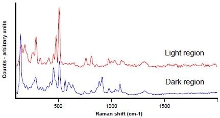 Raman spectra from the dark (blue) and light regions (red)