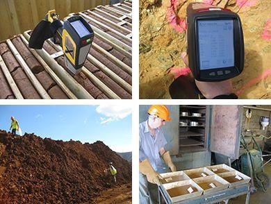 Field photos showing the various use cases for pXRF on a Nickel Laterite Project: On Diamond Drill Core, Face Sampling, Stockpile Sampling Concentrates in the Laboratory