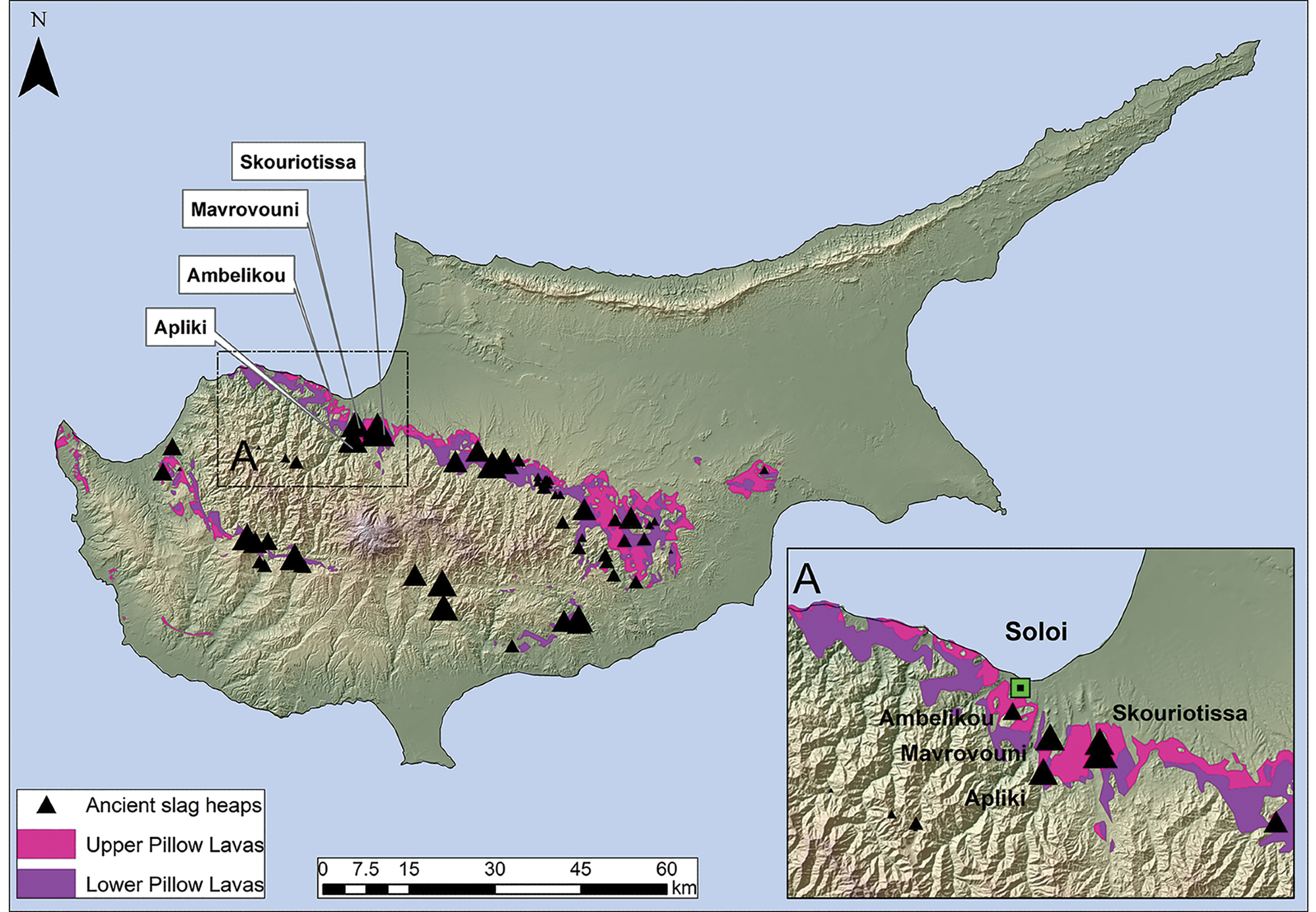 Map of Cyprus showing the Pillow Lava geological formation (where copper ore deposits are found), the location of the ancient slag heaps (triangles indicating size) and, inset, the area of the Solea mines.