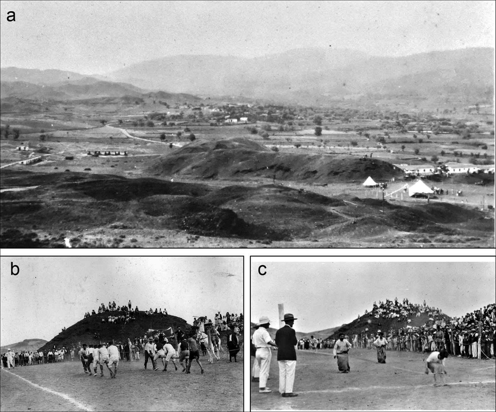 (a) The Skouriotissa slag heap in 1929; (b–c) sports day at Skouriotissa, March 1929.