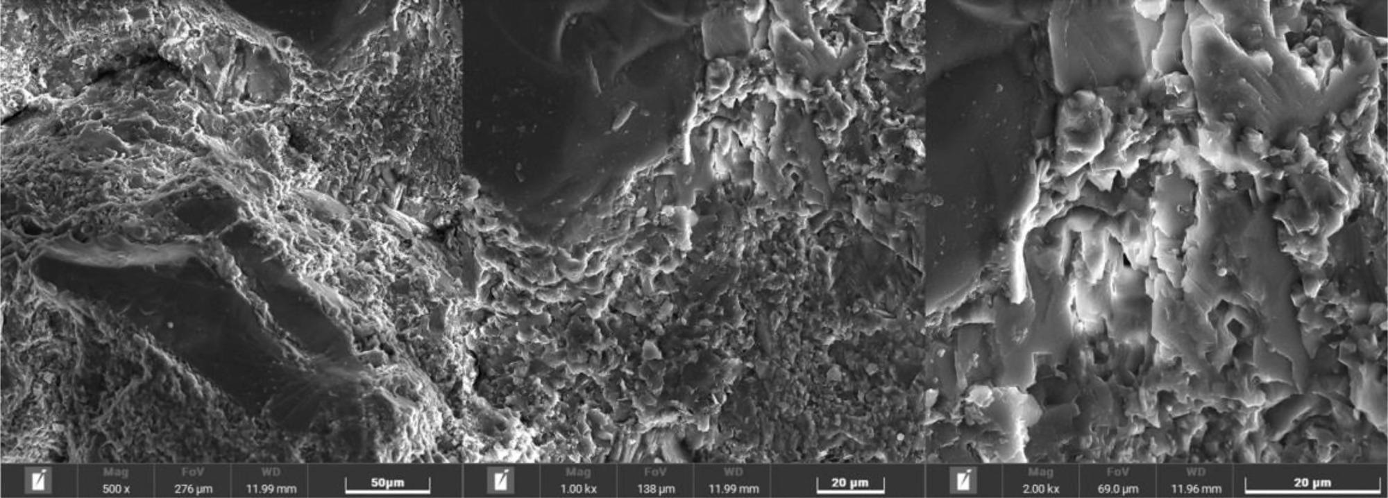 SEM images of the rock samples at different magnifications.