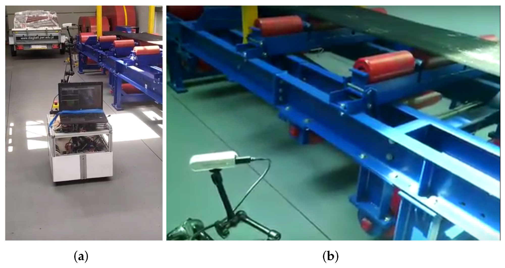 An inspection robot during the experiment: (a) general photo; (b) zoom on sensor.
