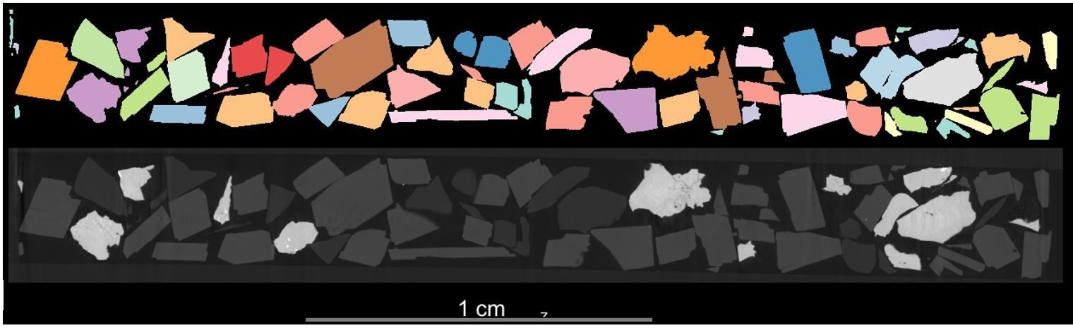 Longitudinal cross-section of a 3D scan of ground material. The coarseness of the particles provides a clearer example of the ability of the machine learning protocol to automatically identify and separate particles from each other.