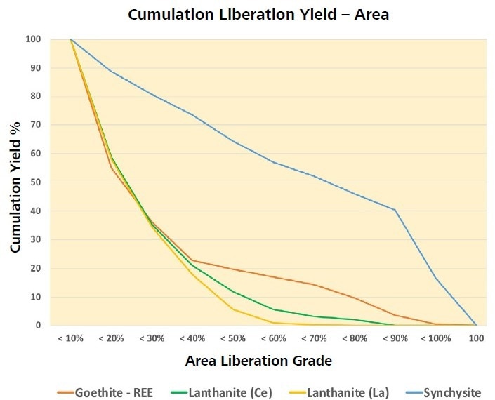 Cumulative liberation yield curve. A beneficiation step involving flotation of particles composed of =80 area% synchisite can be expected to yield a 40% concentrate.