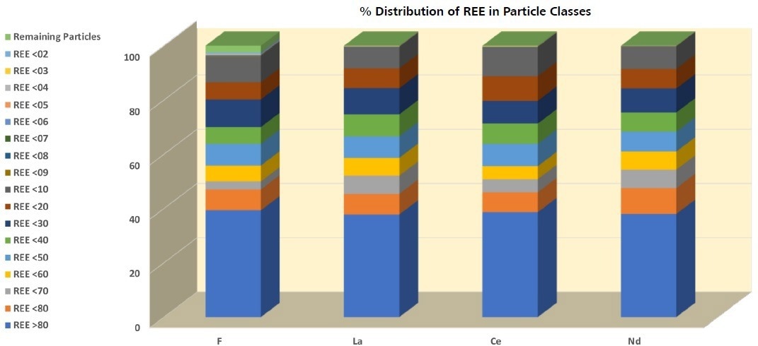 There is a clear three step change between the distribution of F, La, Ce, and Nd among the particle classes. The highest concentration can be found in REE >80 that accounts for >30% of each. This is followed by a relatively even distribution between REE <80 and REE <10, and finally a step down to a much lower concentration for the fractions below REE <09.