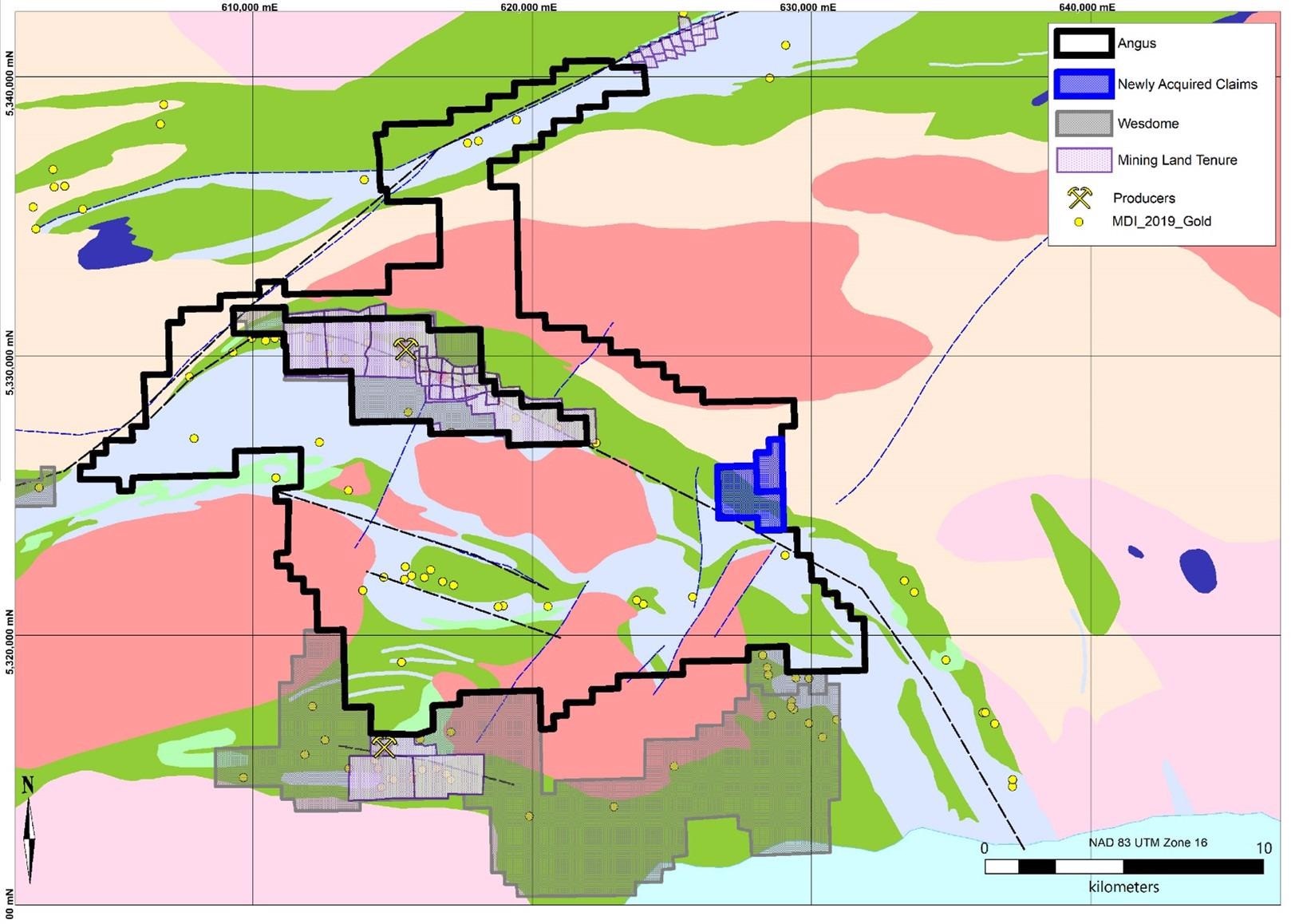 Angus Gold Completes Acquisition of a 100% Interest in Key Mineral Claims Adjacent to the Golden Sky Project.