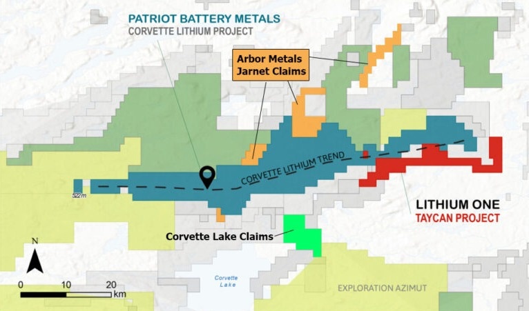 Arbor’s Jarnet Lithium Mine is located in the James Bay region of Quebec and is comprised of 47 map-designated claims that cover an approximate area of 3,759 hectares.