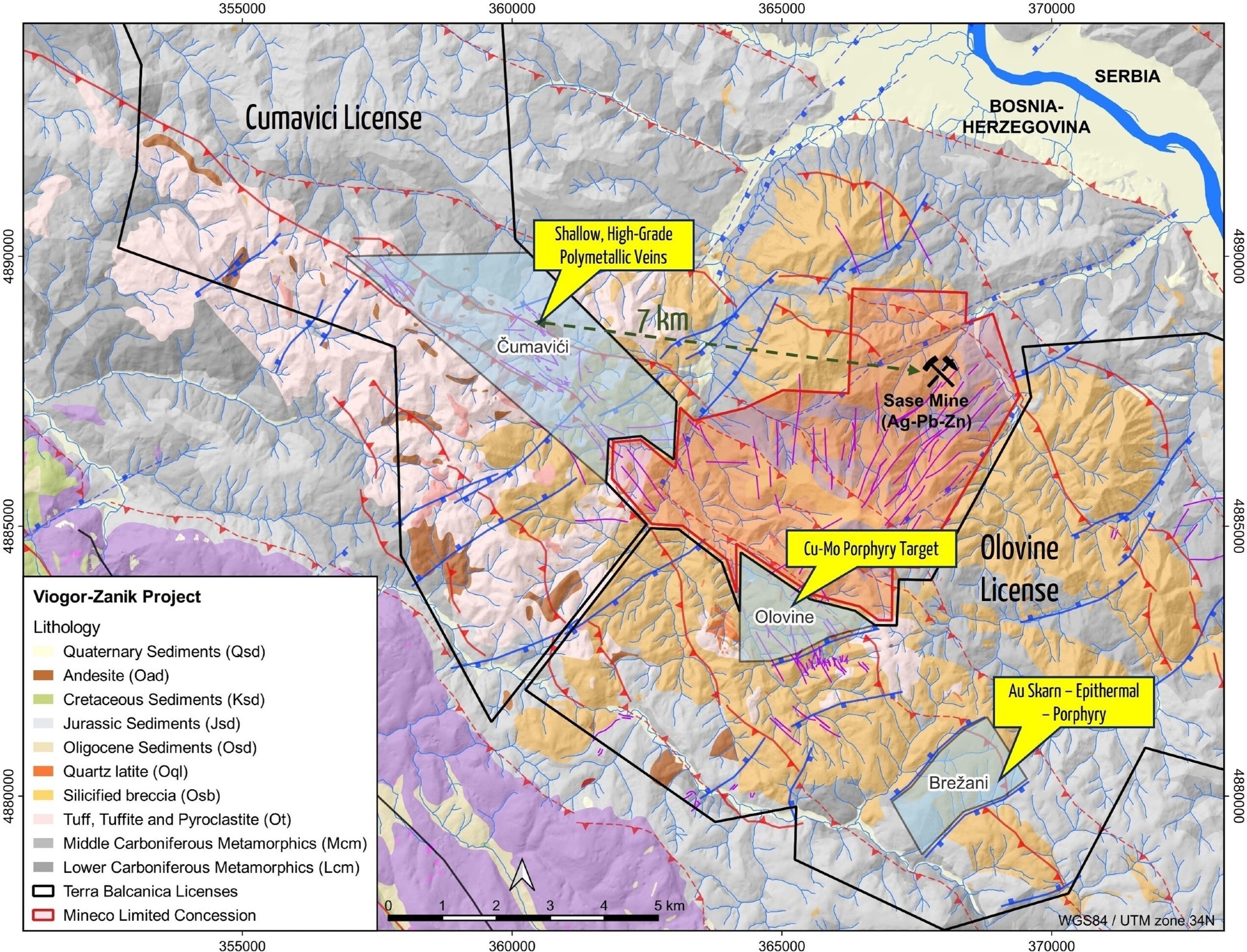 Geological map of the Viogor-Zanik project illustrating the drilled targets during the Phase II campaign. Cumavici is observed in the NW of the license package with the Brezani discovery 12 km to the SE. The operating Sase mine producing 350ktpa of Pb-Zn-Ag-Sb-Au concentrate is located 7 km east of Chumavichi (WGS84/UTM Zone 34N). Image Credit: Terra Balcanica